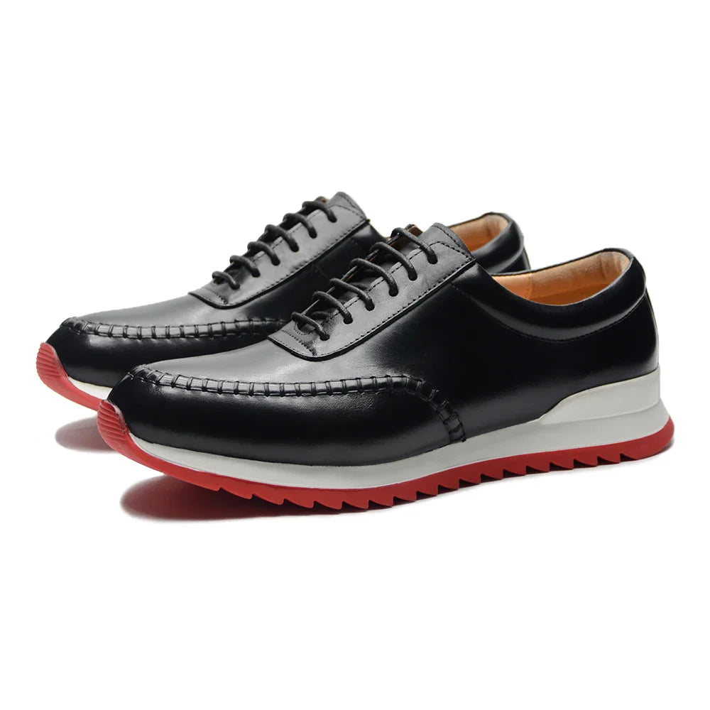 Classy Men's Genuine Leather Low Top Sneakers | Red Bottom Lace-Up Casual Dress Shoes (Breathable)