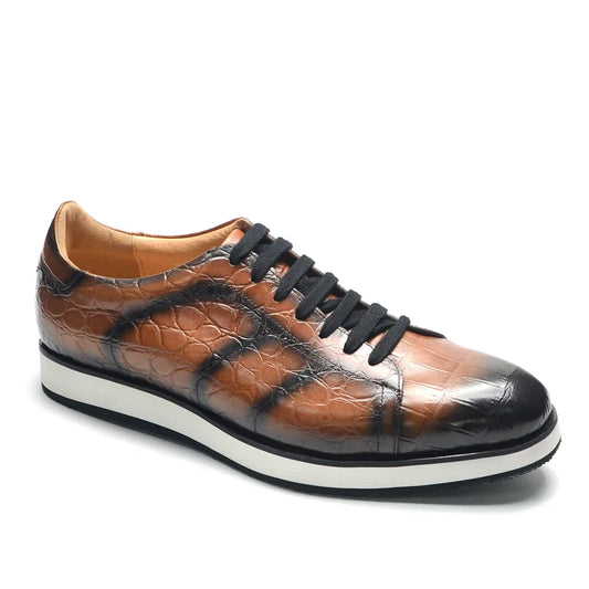 Men's Fashion Casual Sneakers | Genuine Cowhide Leather Crocodile Pattern Skateboard Shoes (Lace-up, Non-slip)