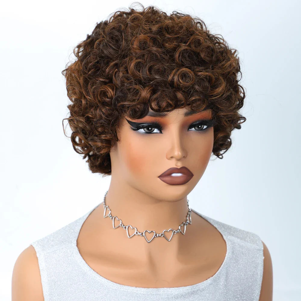 Sleek Short Pixie Afro Kinky Curly Wig with Bangs | Glueless Peruvian Remy Hair Bob