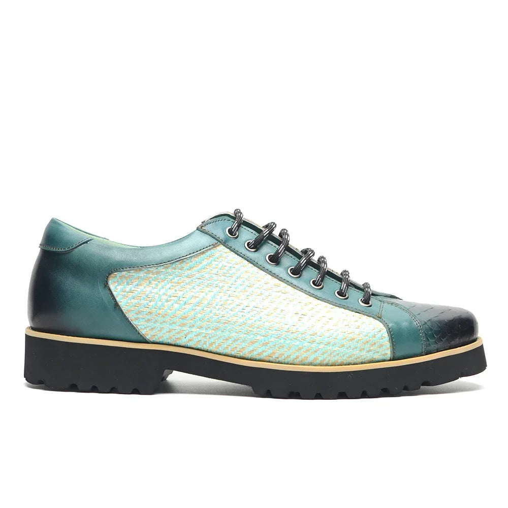 British Style Designer Men's Genuine Leather Derby Shoes | Duotone Hand-Painted Plaid Casual Sneakers (Height Increasing)