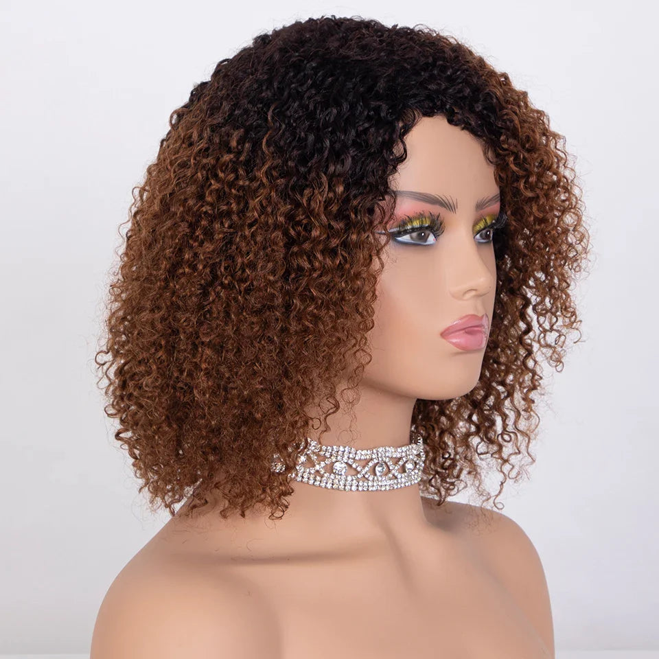 Sleek Ombre Highlight Kinky Curly Human Hair Wig | Peruvian Curly Bob