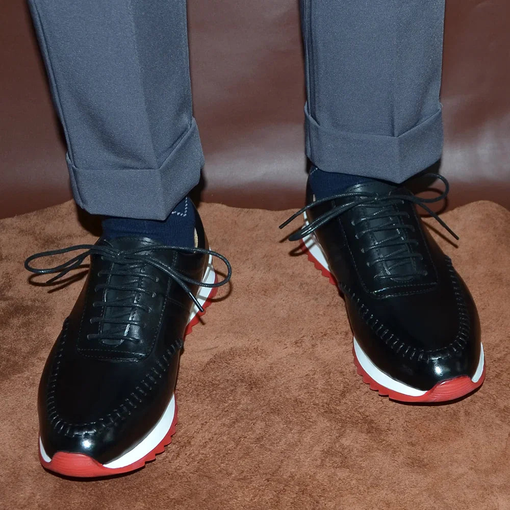 Classy Men's Genuine Leather Low Top Sneakers | Red Bottom Lace-Up Casual Dress Shoes (Breathable)