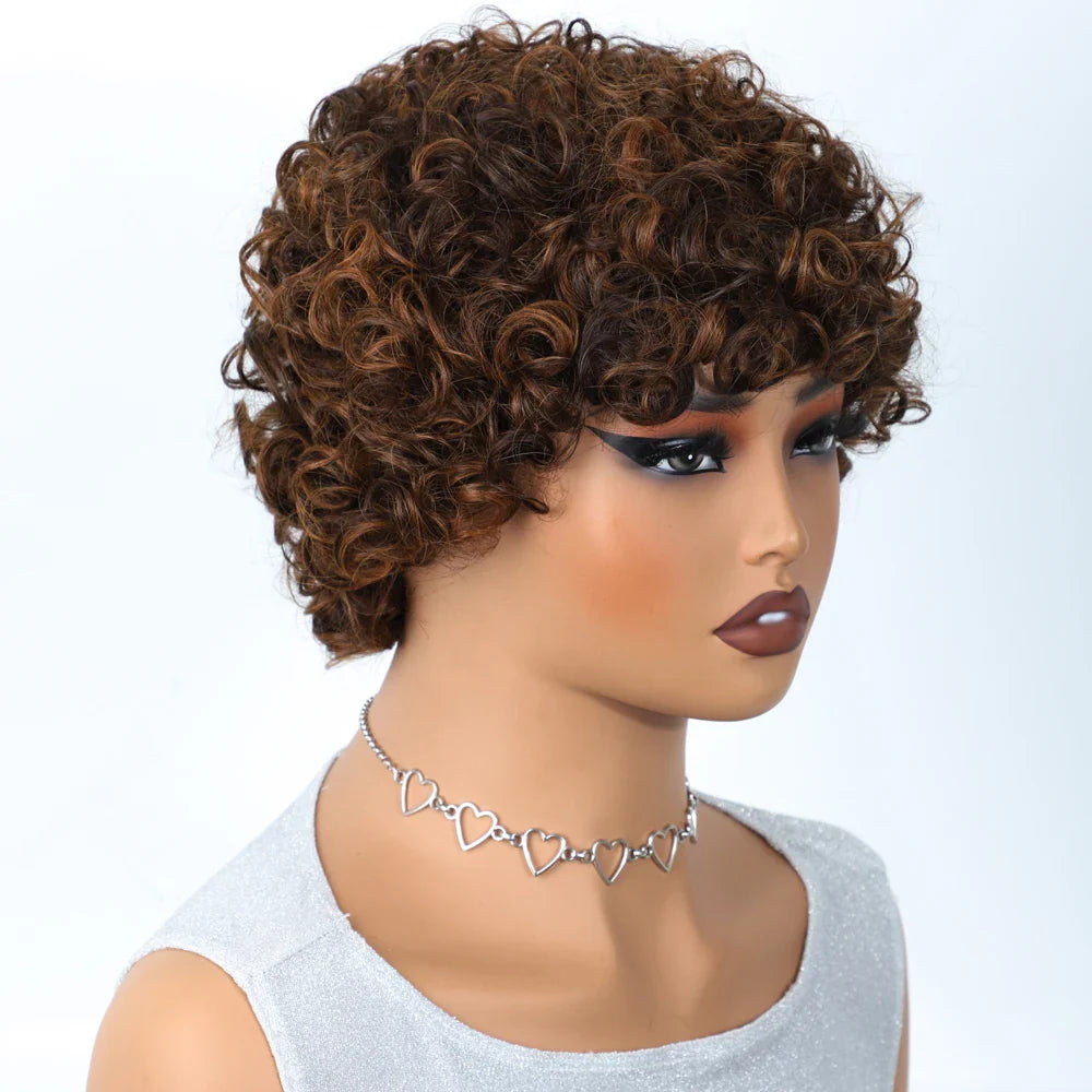 Peruvian Short Bob Pixie Afro Kinky Curly Wig with Bangs | Remy Human Hair
