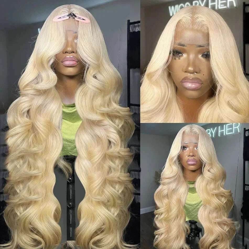 250% Density 30/40 Inch 613 Honey Blonde Body Wave 13x6 HD Transparent Lace Frontal Wigs Brazilian Remy Human Hair