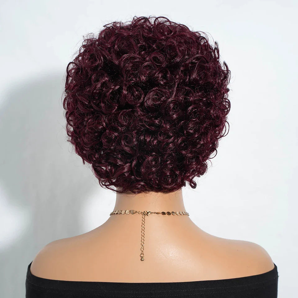 Brazilian Short Pixie Bob Afro Kinky Curly Wig with Bangs | Full Machine Made Human Hair (Natural Brown & 99J)