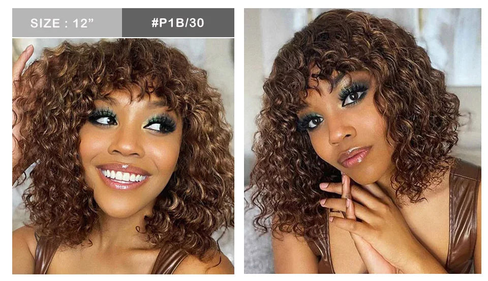 Brazilian Jerry Curly Human Hair Bob Wig with Bangs | Natural Highlight Honey Water Wave Kinky Curly Wigs for Women