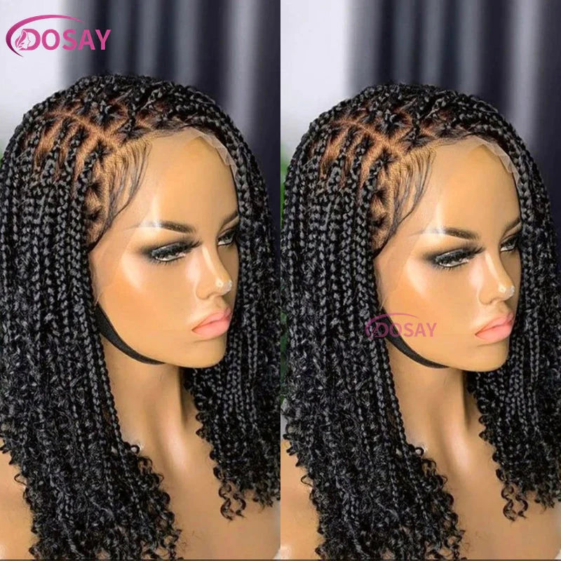 12" Curly Boho Braids Bob Wig | 360 Full Lace | Knotless Box Braids | Baby Hair