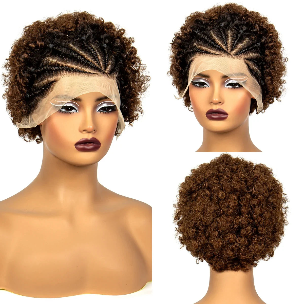 Natural Black Synthetic Braided Wig | 13x4 Transparent Lace Front Short Afro Kinky Curly Braids