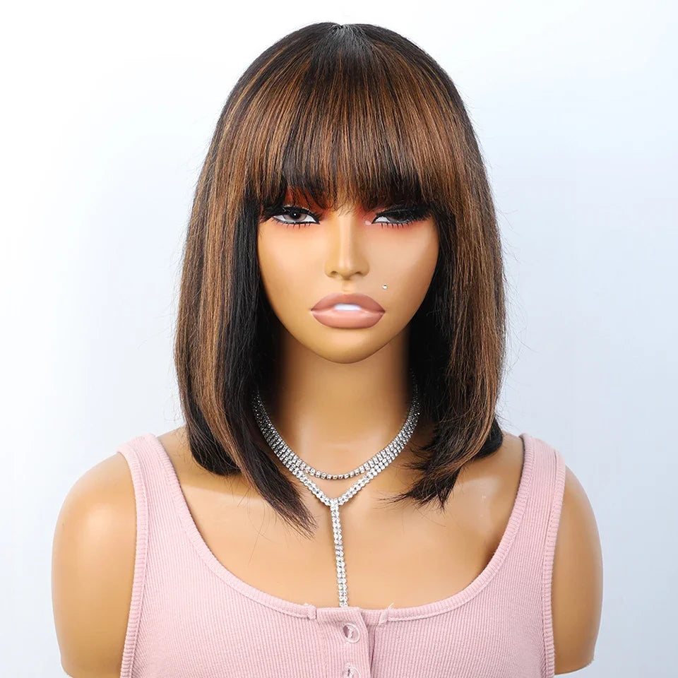 Ombre #4/27 Straight Bob Wig with Bangs | Human Hair Lace Top