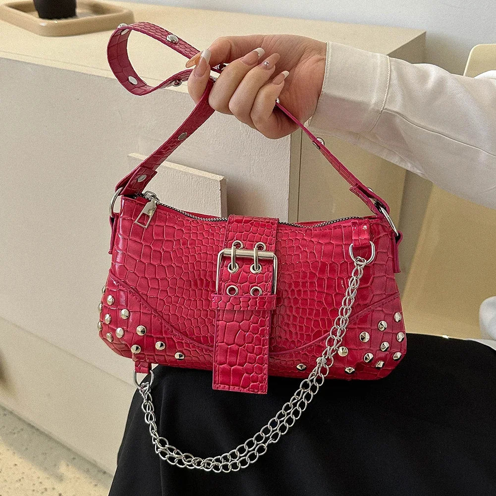 Fashion Women's Y2K Armpit Bag | Luxury Design Pleated Underarm Bag (Solid Color Shoulder Messenger Hobo Handbag with Chains & Rivets)