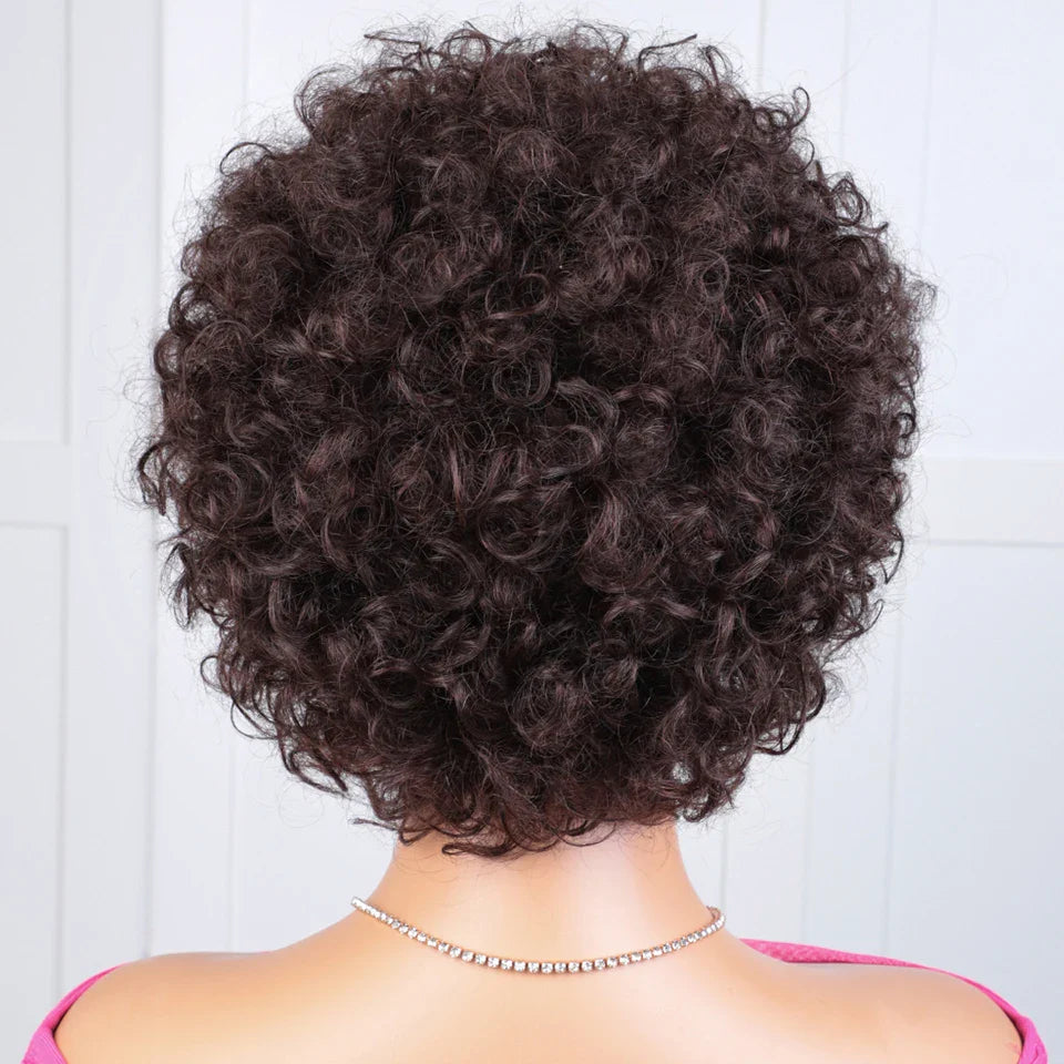 Brazilian Short Pixie Bob Afro Kinky Curly Wig with Bangs | Full Machine Made Human Hair (Natural Brown & 99J)