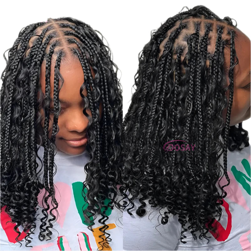 12" Boho Braided Bob Wig | 360 Lace Braided Wig | Knotless Braids | Curly Goddess Box Braid Wig