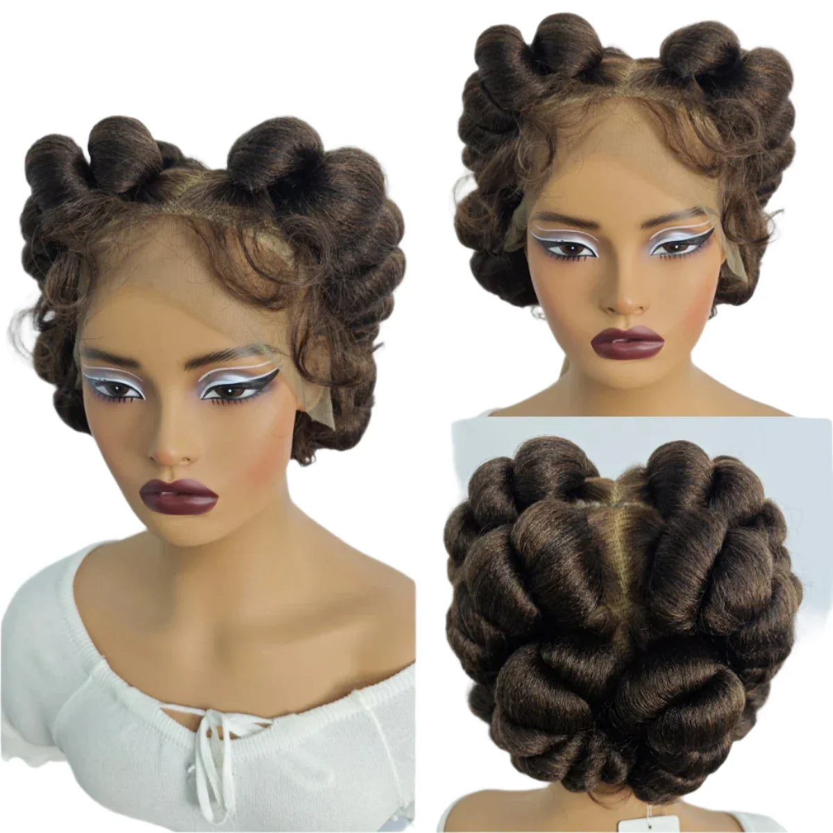 Short Cute Burgundy Bantu Knotless Braids Wig | Full Lace Handmade