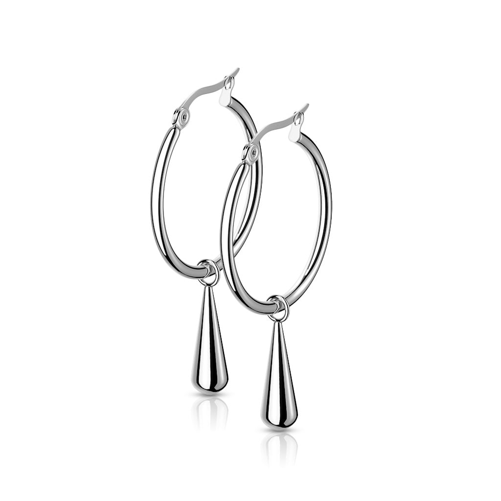 Stainless Steel Hoop Earrings with Teardrop Dangle