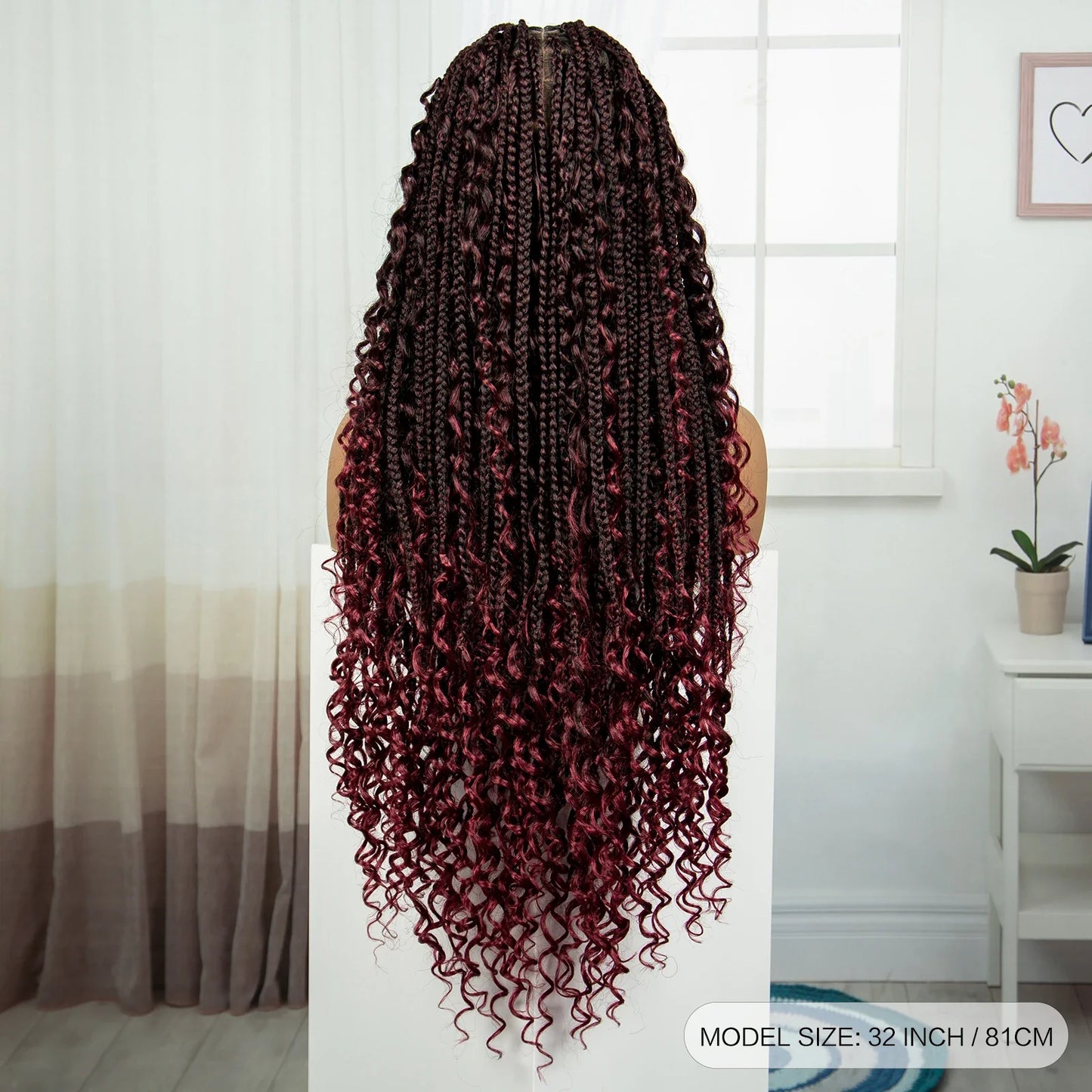 Burgundy Knotless Box Braids Wig with Curly Ends | Full Lace Handmade
