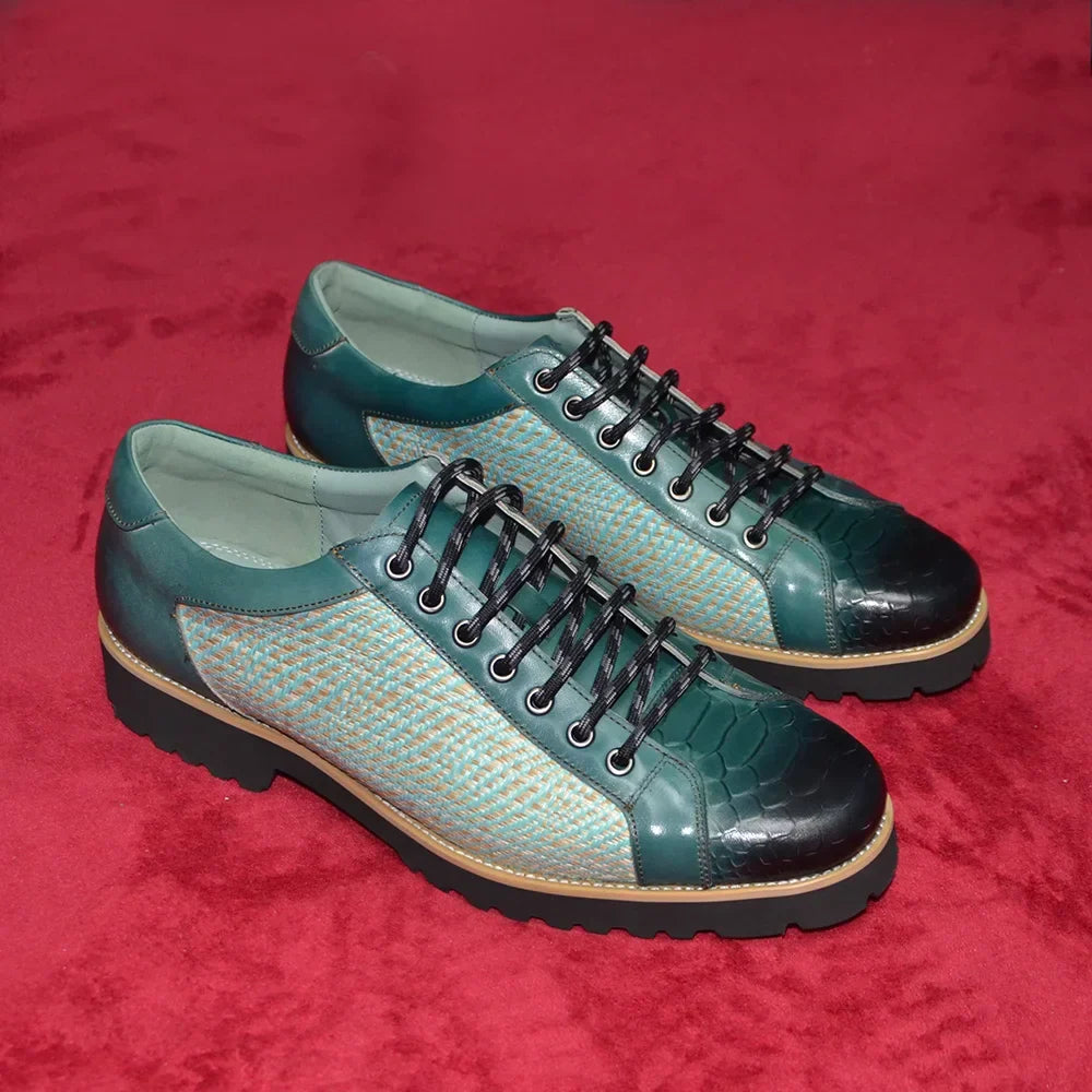 British Style Designer Men's Genuine Leather Derby Shoes | Duotone Hand-Painted Plaid Casual Sneakers (Height Increasing)