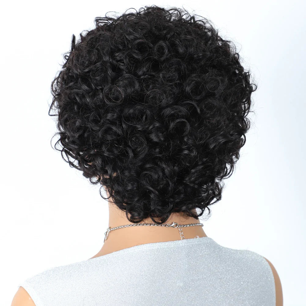 Sleek Peruvian Afro Kinky Curly Pixie Wig | Glueless Natural Brown Human Hair with Bangs