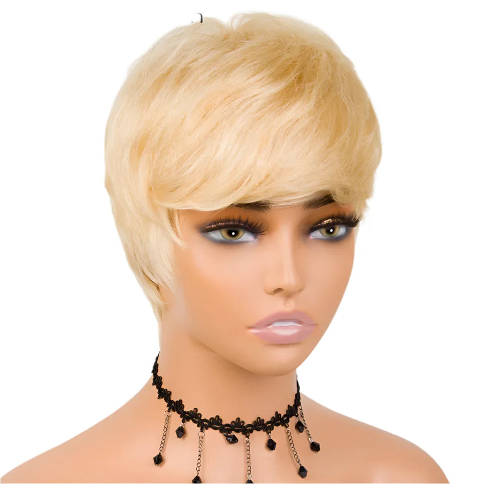 Grey & Natural Black Pixie Cut Wig with Bangs | Remy Human Hair Full Machine Made
