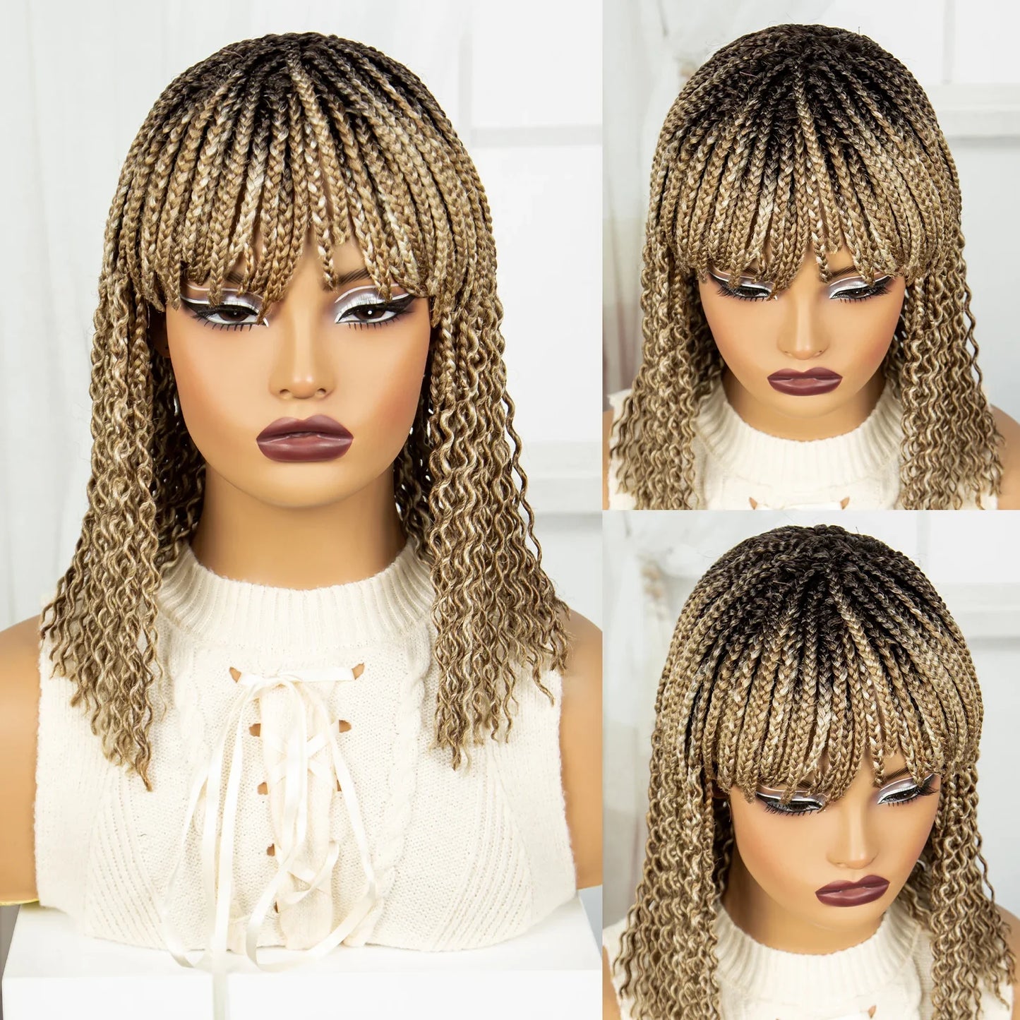 14" Curly Knotless Box Braids Wig | 1B-30 Ombre | Machine Made Synthetic Braids | Black Women