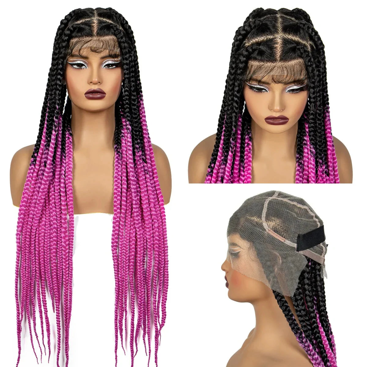 36" Purple Knotless Box Braids Wig | Transparent Full Lace | Baby Hair | Synthetic