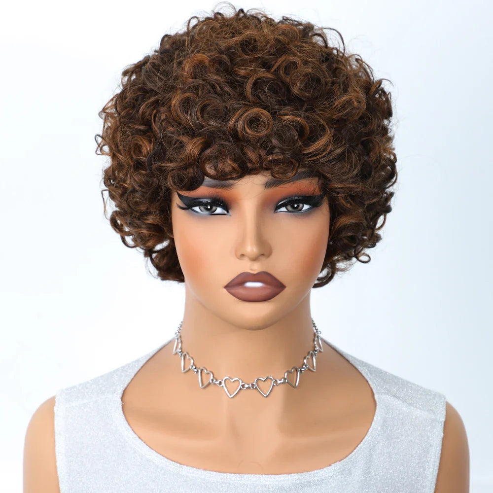 Sleek Peruvian Afro Kinky Curly Pixie Wig | Glueless Natural Brown Human Hair with Bangs