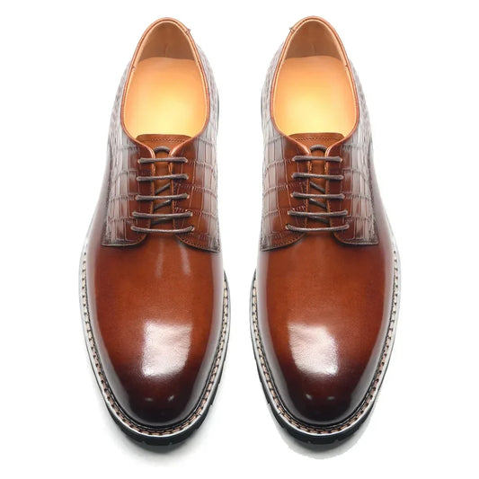Designer Men's Genuine Leather Casual Derby Shoes | Crocodile Print Business & Social Sneakers (Height Increasing)