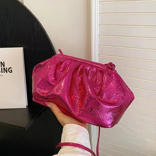 Small Luxury Design Women's Leather Silver Cloud Bag | Gold Crossbody & Ladies Party Clutch Purse (Sequined, Ruched Handbag)