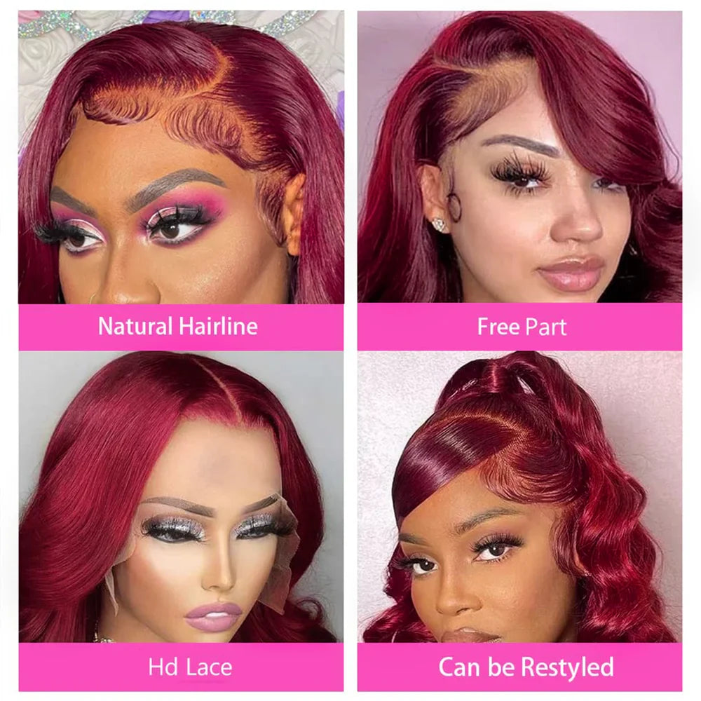 99J Burgundy Body Wave Lace Front Wig | HD Transparent Lace | 200% Density | 30-34 Inch Brazilian Hair