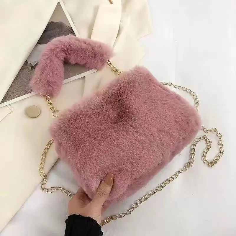 Fashion Women's Fluffy Shoulder Bag | Female Winter Chain Underarm Bag & Soft Plush Handle Handbag (Solid Color)