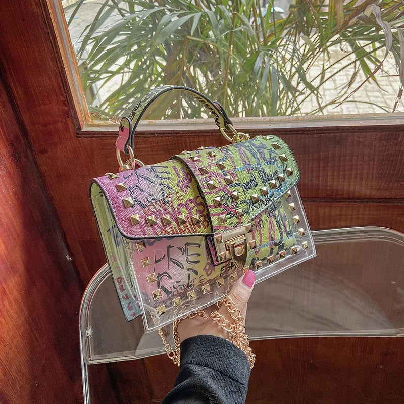 Brand Women's Studded Graffiti Crossbody Bags | Fashion Shoulder Bag for Ladies (Luxury Designer PVC Handbags & Messenger Satchel)