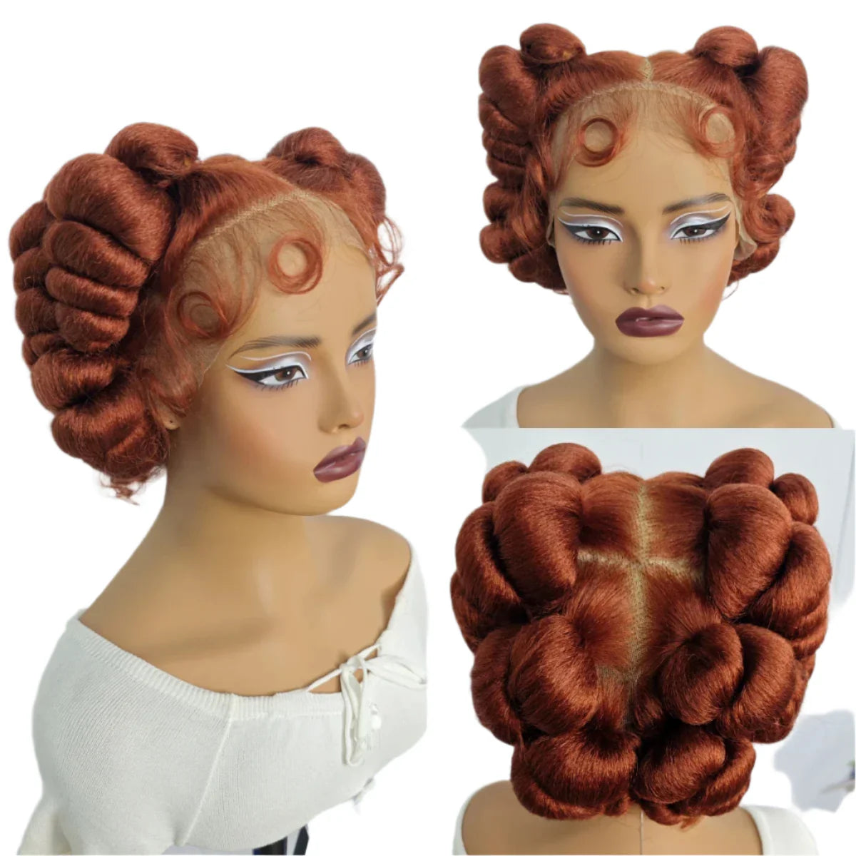 Short Cute Burgundy Bantu Knotless Braids Wig | Full Lace Handmade