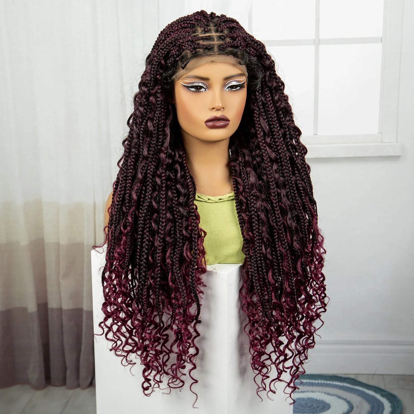 Burgundy Boho Knotless Braids Wig | Curly Ends | Lace Front | Baby Hair