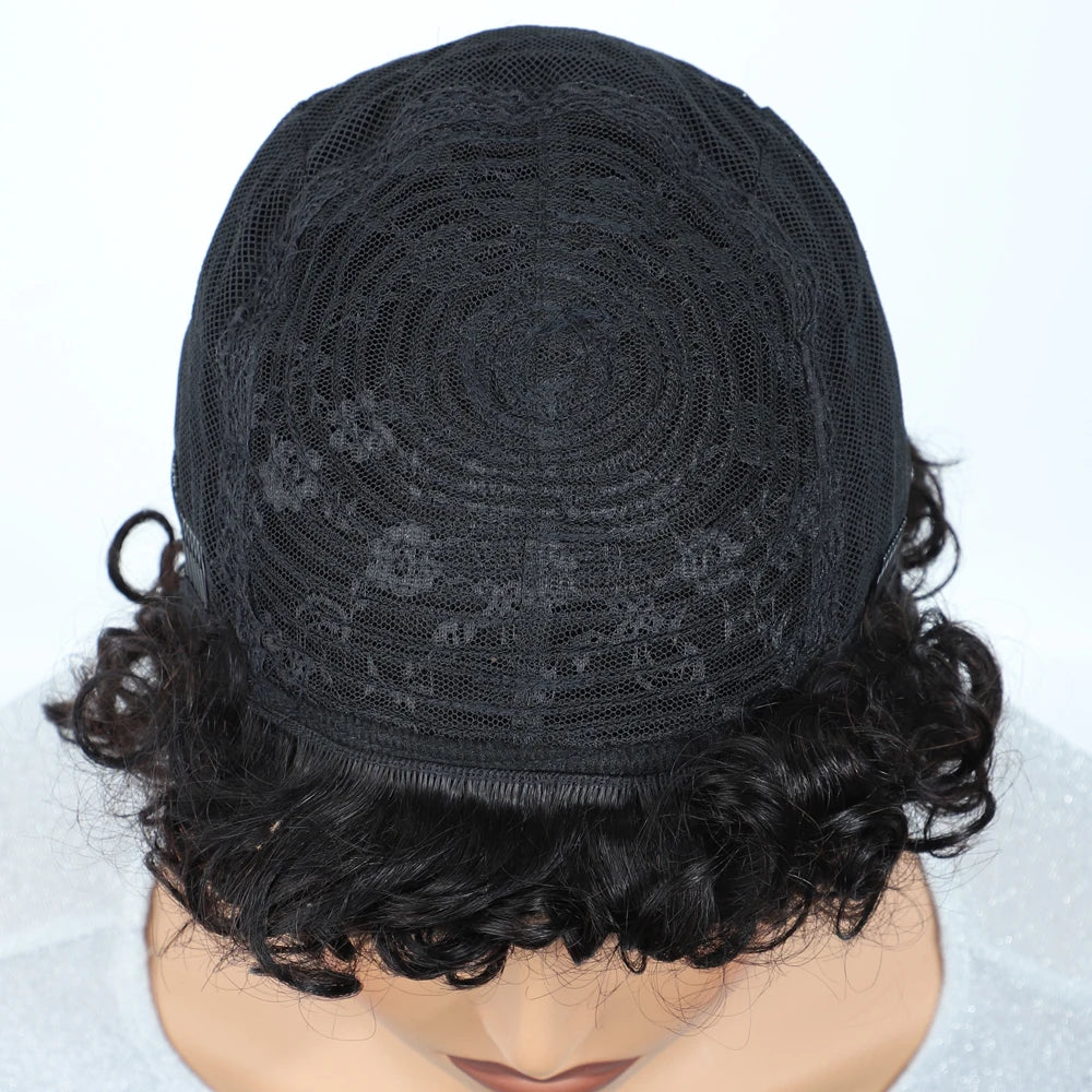 Sleek Malaysian Afro Kinky Curly Pixie Bob Wig | Glueless Natural Brown 99J with Bangs