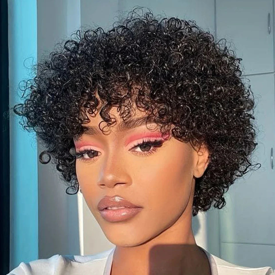 Brazilian Short Pixie Bob Afro Kinky Curly Wig with Bangs | Full Machine Made Human Hair (Natural Brown & 99J)