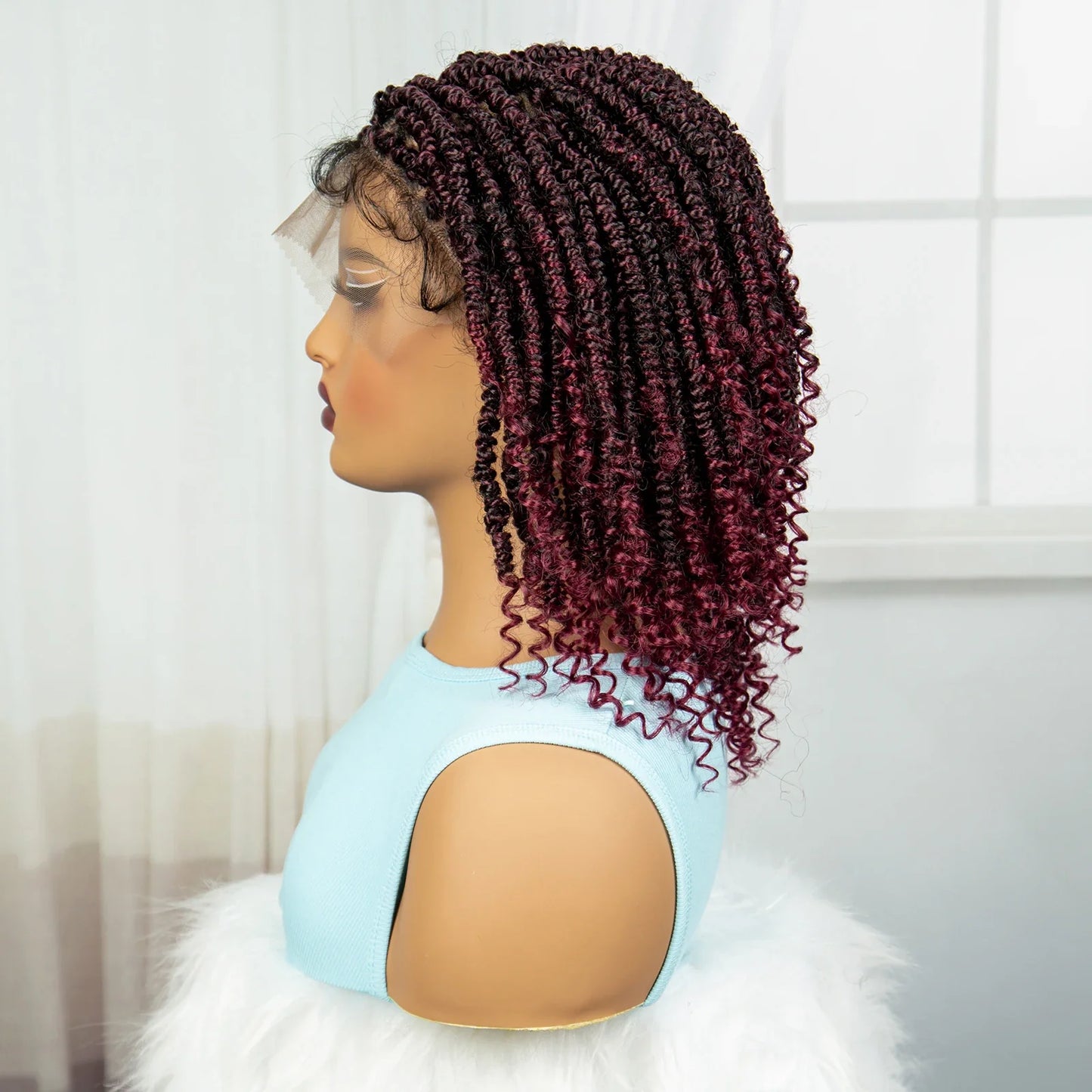Knotless Box Braided Bob Wig with Curly Ends | Short Twist Braids | Synthetic Lace Front Wig | Handmade for Black Women