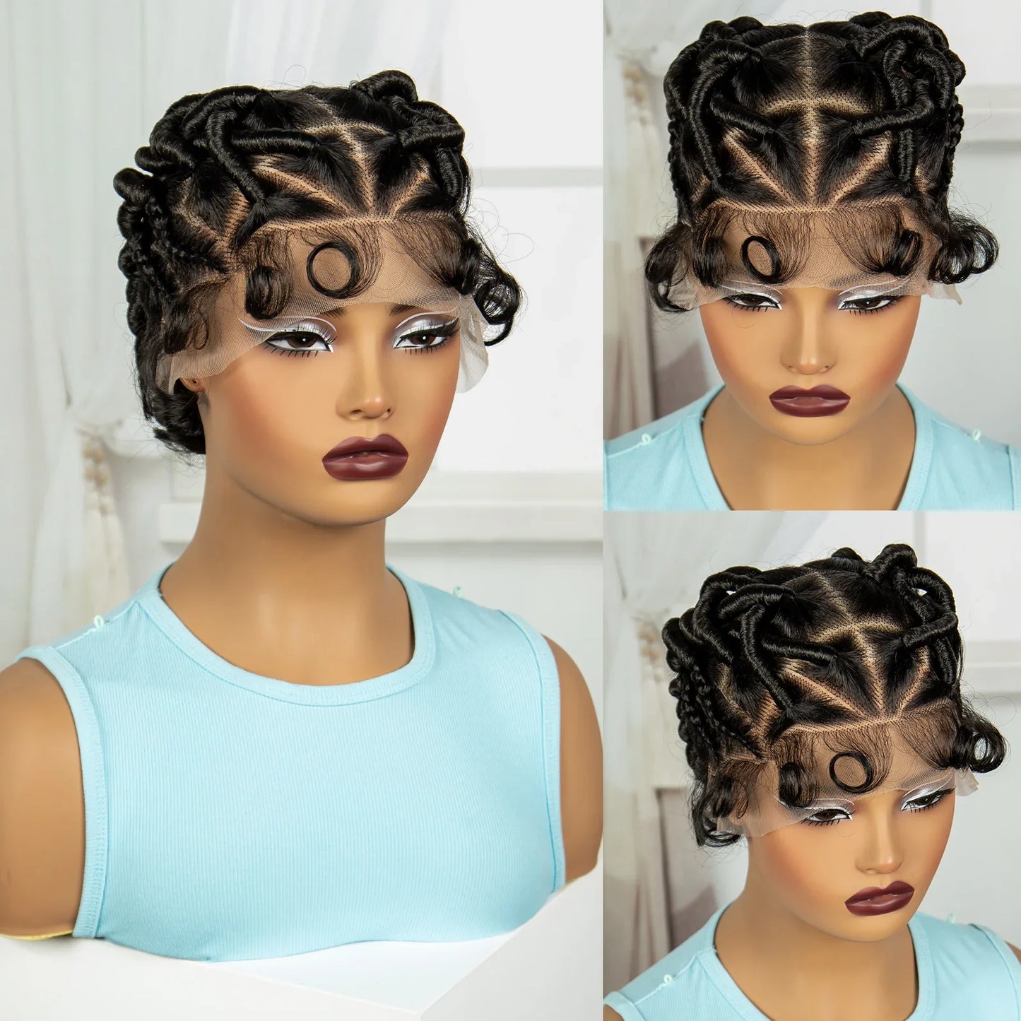 Burgundy Full Lace Synthetic Braided Wig | Knotless Box Braids & Bantu Knots | Lace Front Wig with Baby Hair for Black Women