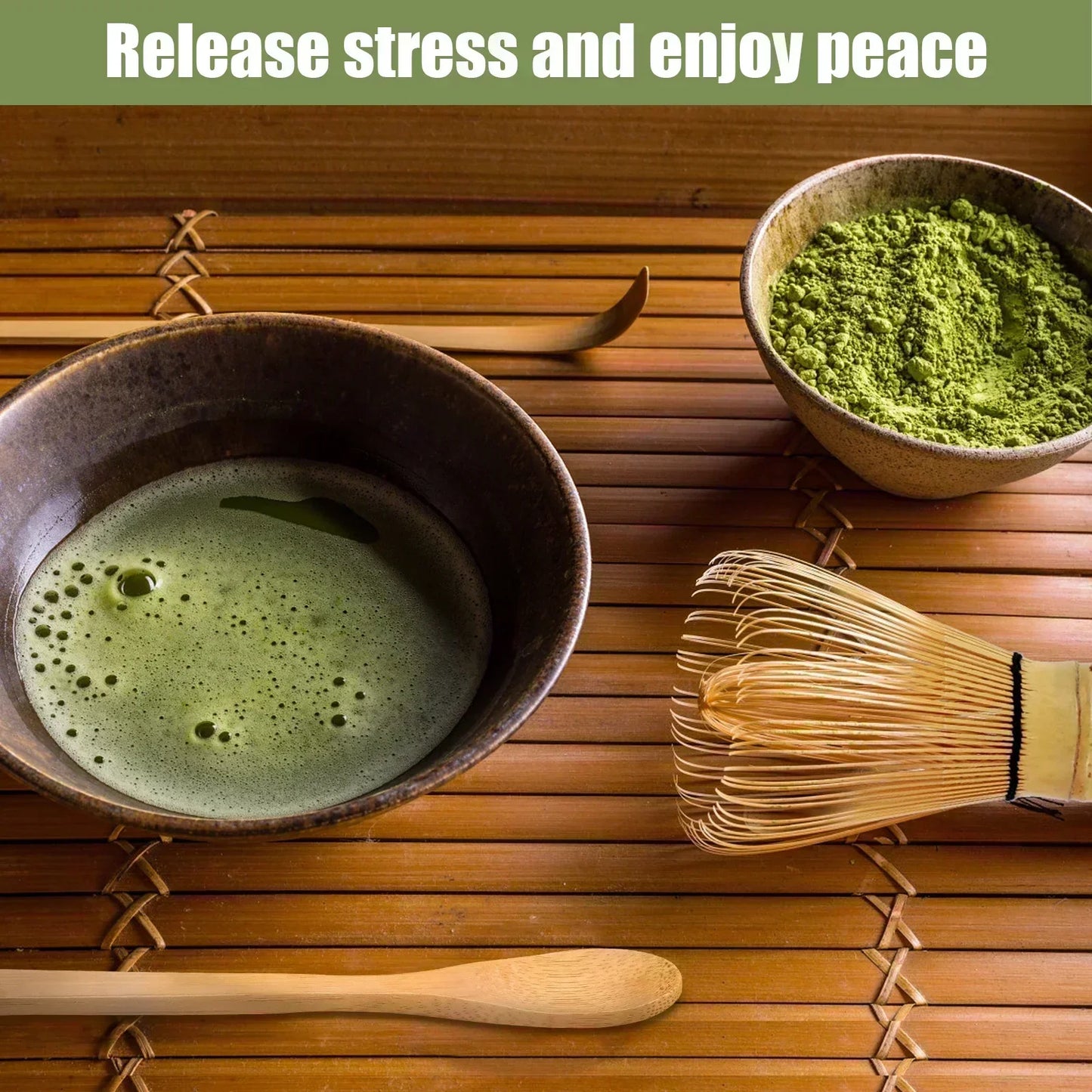 4Pcs Matcha Whisk Set Handmade Bamboo Matcha Whisk Traditional Tea Scoop Deep Scoop Tea Strainer Clear Whisk Storage Holder