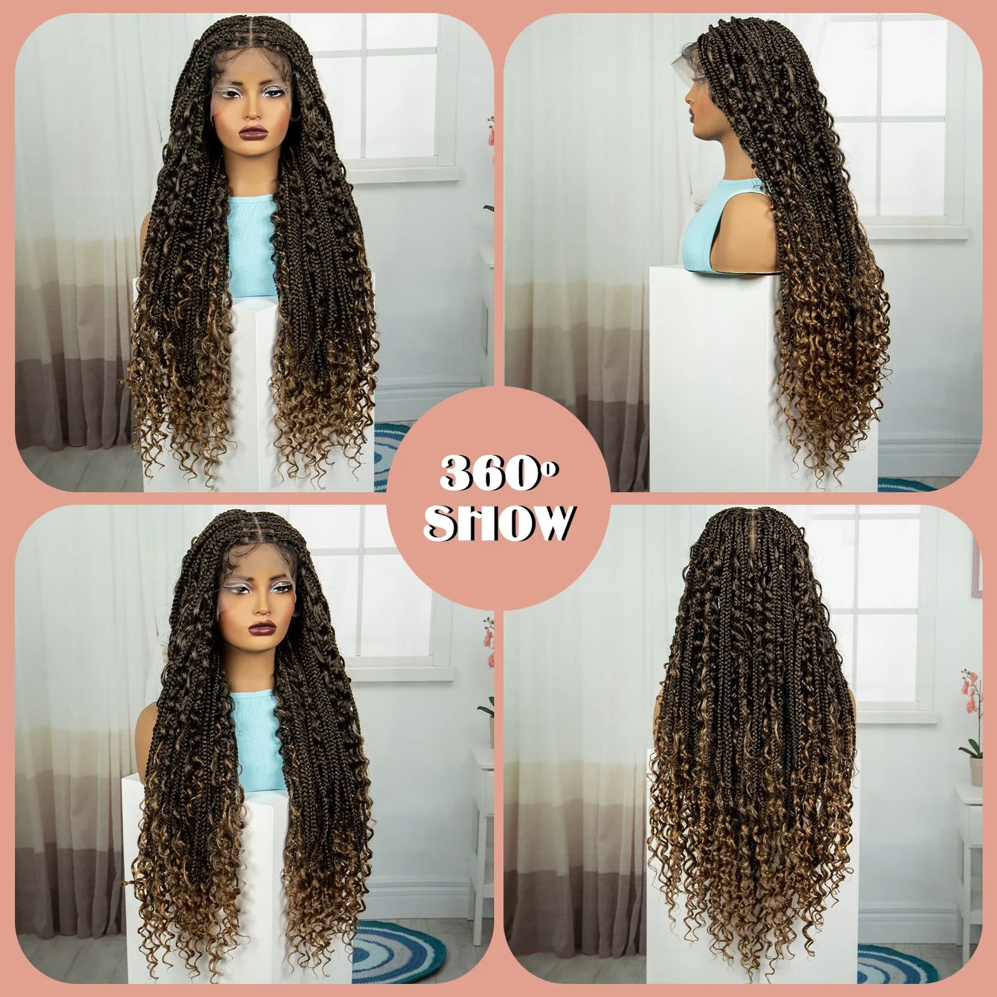 Ombre Knotless Braids Wig | Curly Ends | Full Lace | Baby Hair | Handmade