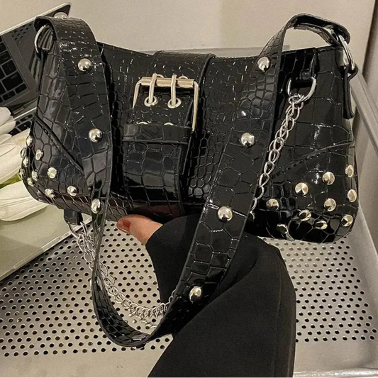 Fashion Women's Y2K Armpit Bag | Luxury Design Pleated Underarm Bag (Solid Color Shoulder Messenger Hobo Handbag with Chains & Rivets)