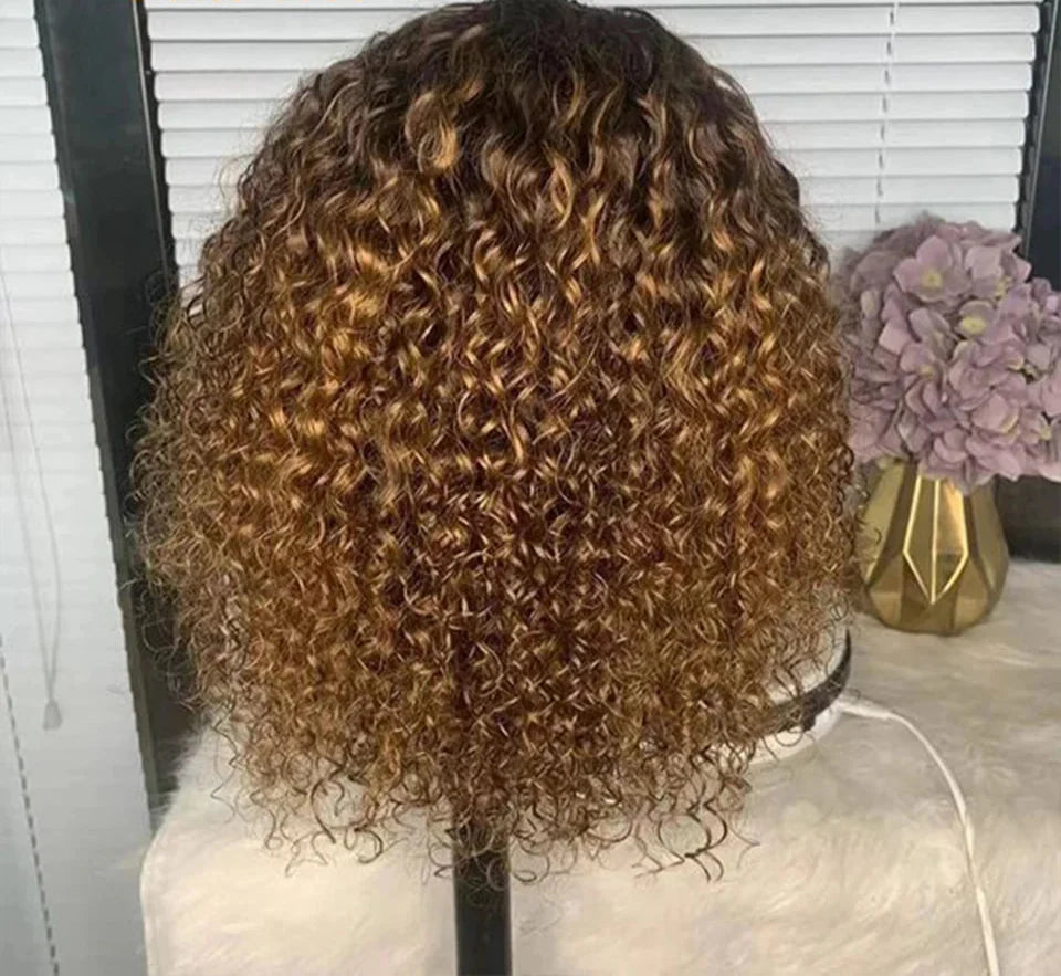 Brazilian Jerry Curly Human Hair Bob Wig with Bangs | Natural Highlight Honey Water Wave Kinky Curly Wigs for Women