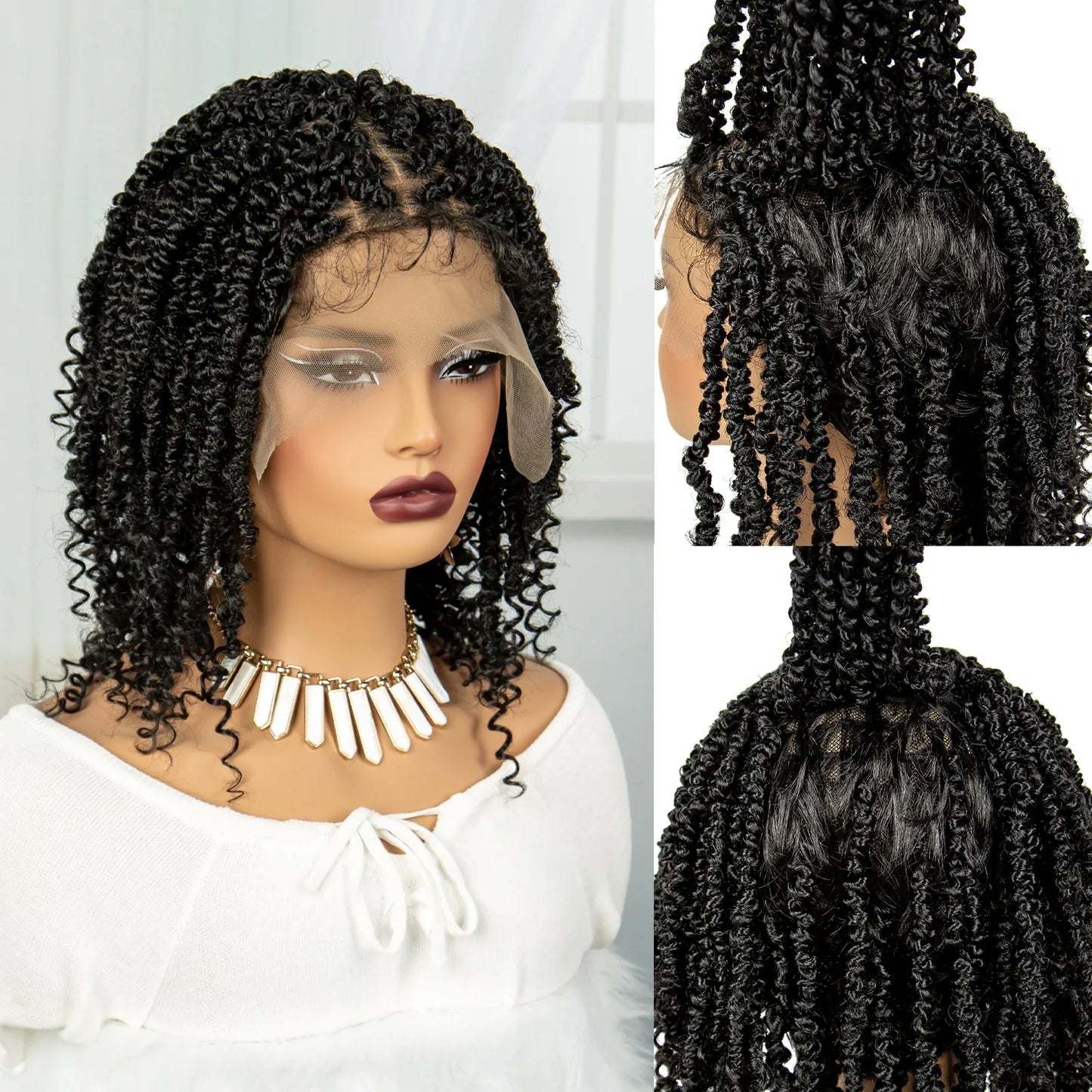 Short Knotless Box Braids Wig with Curly Ends | Handmade Lace Front Bob