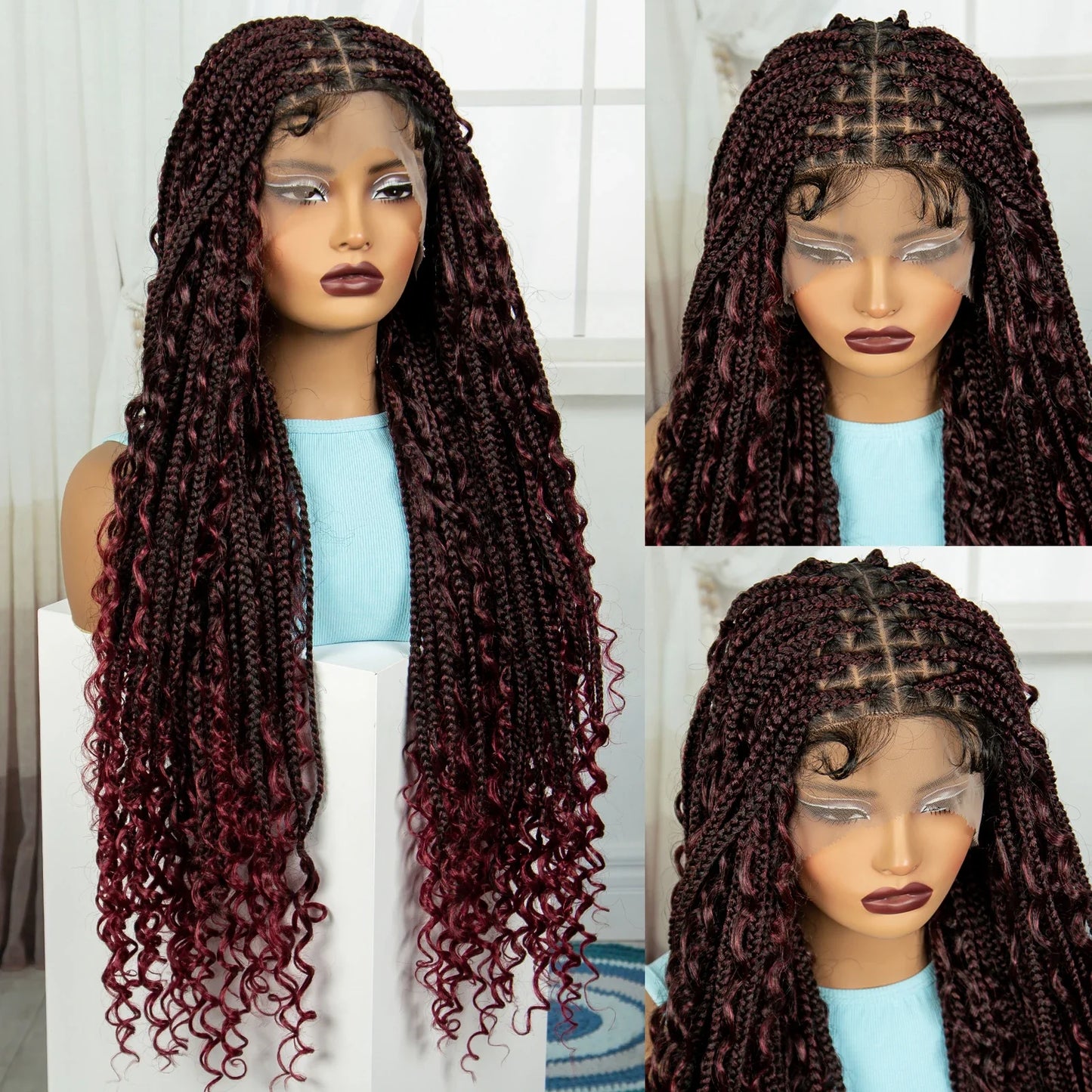 Burgundy Knotless Box Braids Wig with Curly Ends | Full Lace Handmade