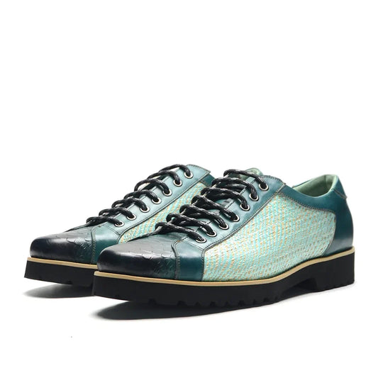 British Style Designer Men's Genuine Leather Derby Shoes | Duotone Hand-Painted Plaid Casual Sneakers (Height Increasing)