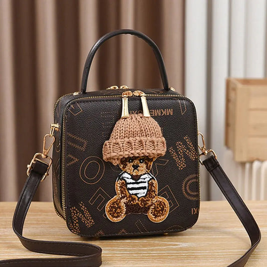 PU Leather Shoulder Bags | Fashion Simple Cute Cartoon Bear Crossbody Bag & Messenger Bag (Women's Small Square Handbags)