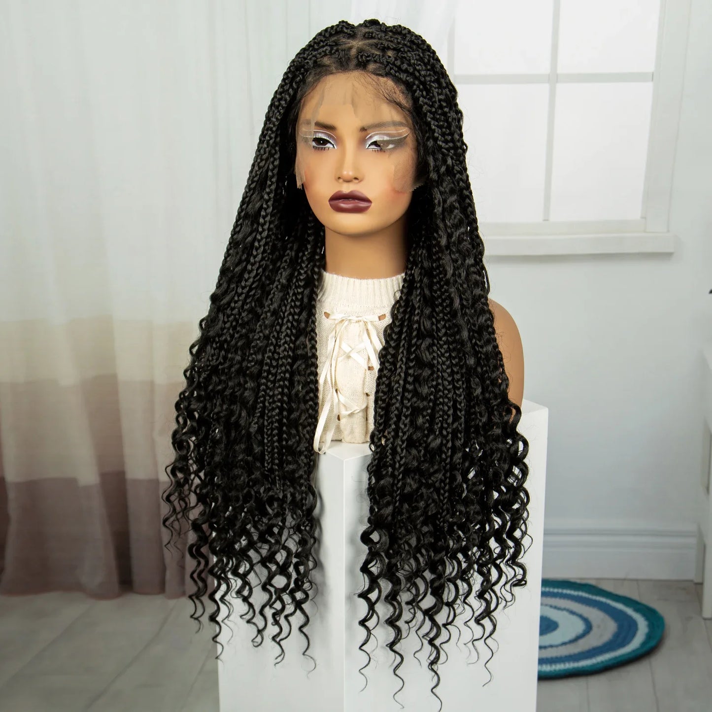 32 Inch Natural Curly Boho Box Braids Wig - Knotless - Full Lace - Synthetic - with Baby Hair