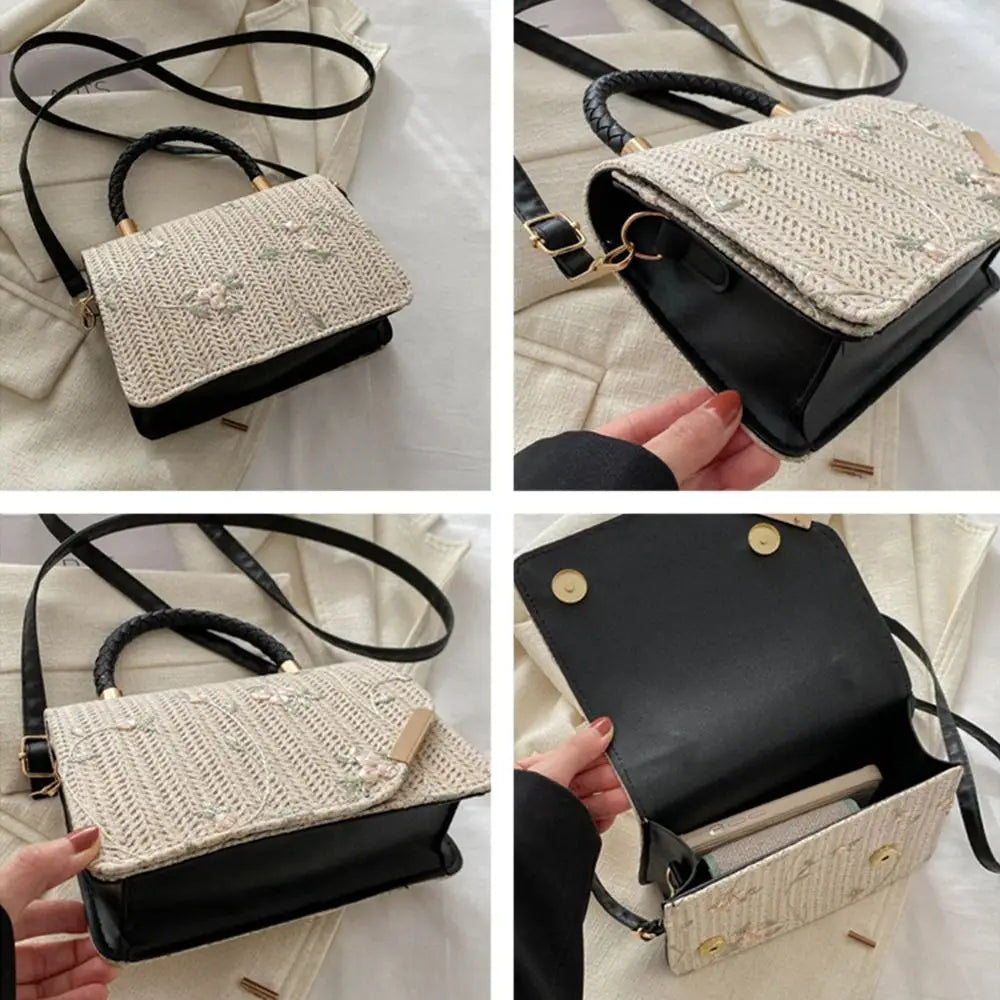 Women's Summer Bohemian Straw Bag | Woven Beach Crossbody & Rattan Braid Grass Vacation Bag (Girls Shoulder Messenger Handbag)