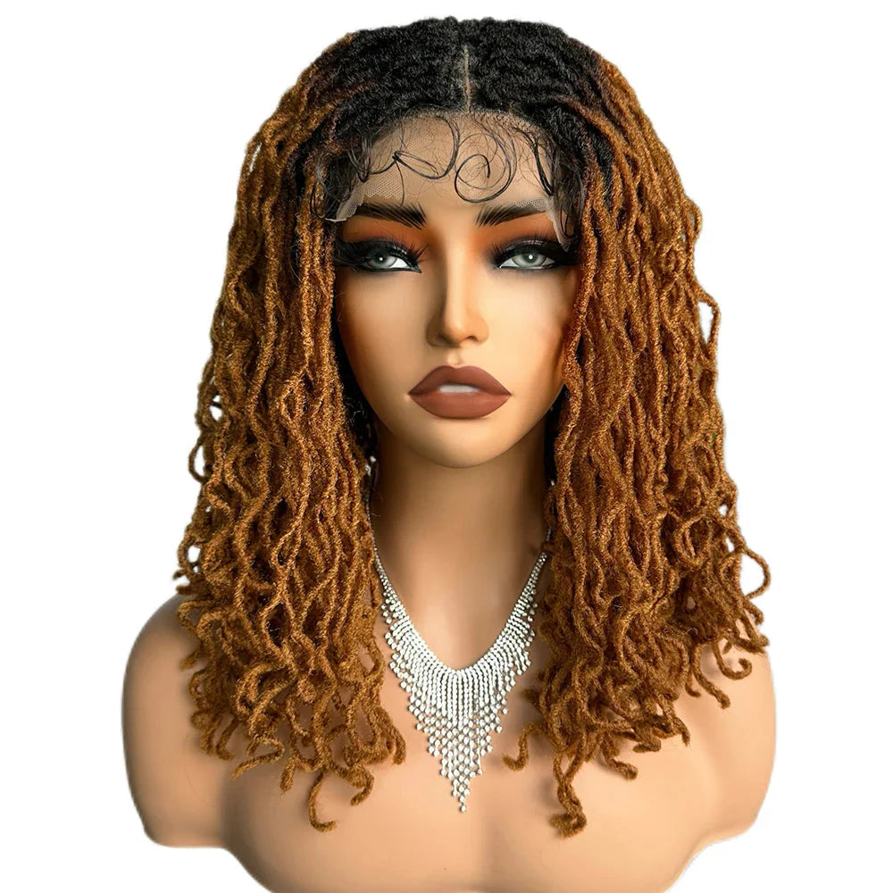 14" Copper Red Faux Locs Lace Front Wig | Short Twist Dreadlocks | Synthetic Braided Wig
