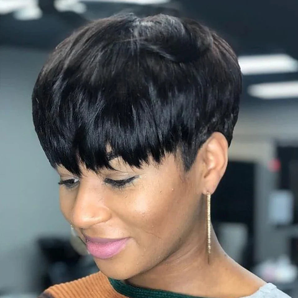 Rebecca Short Straight Pixie Bob Wig with Bangs | Glueless Brazilian Human Hair (Black & Brown)