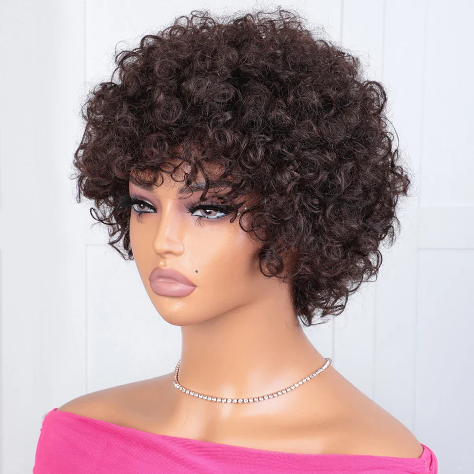 Sleek Short Pixie Afro Kinky Curly Wig with Bangs | Glueless Peruvian Remy Hair Bob