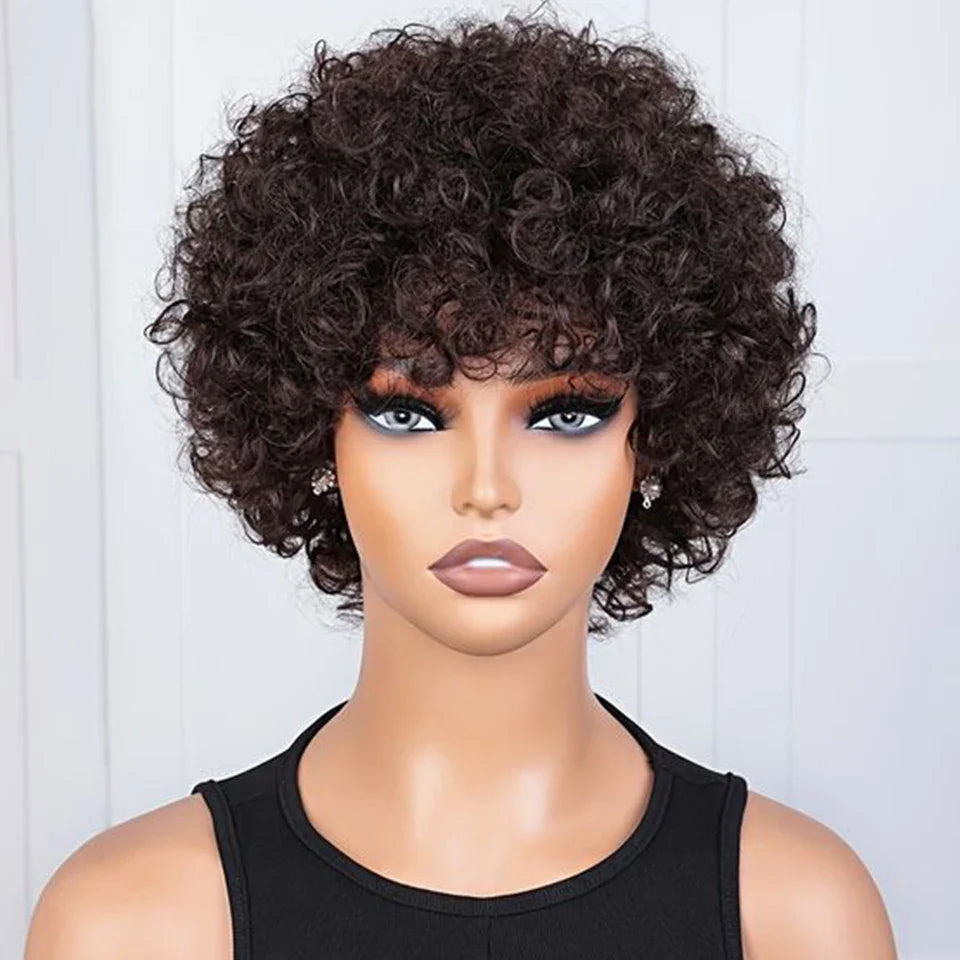 Brazilian Short Pixie Bob Afro Kinky Curly Wig with Bangs | Full Machine Made Human Hair (Natural Brown & 99J)